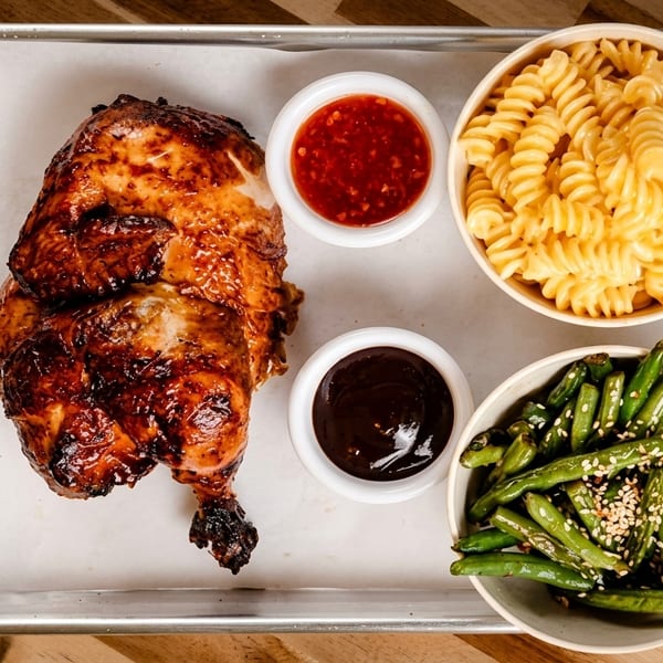 Grilled chicken with sides of macaroni and cheese, green beans, and two dipping sauces.