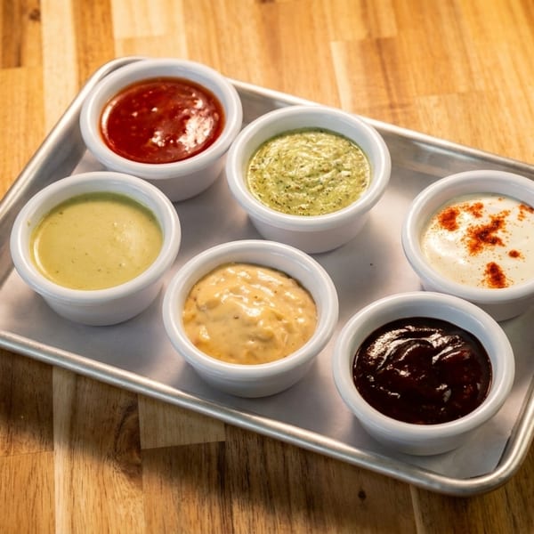 Six small white ramekins filled with various colorful sauces on a metal tray.